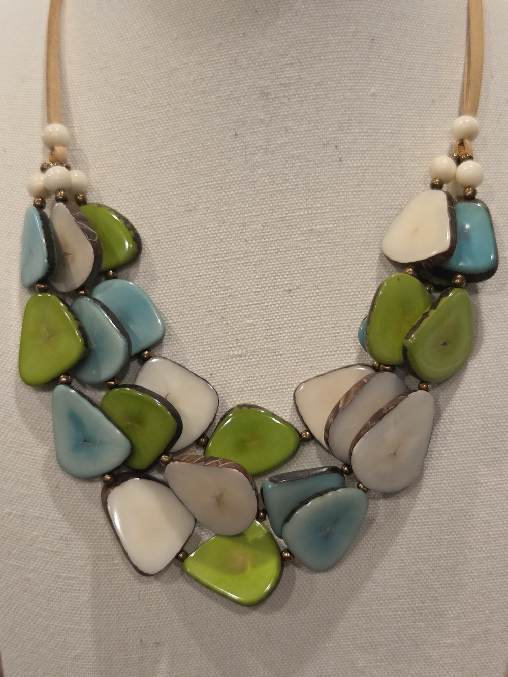 Handcrafted Green, Aqua & Cream Statement Necklace - Picture 2 of 6